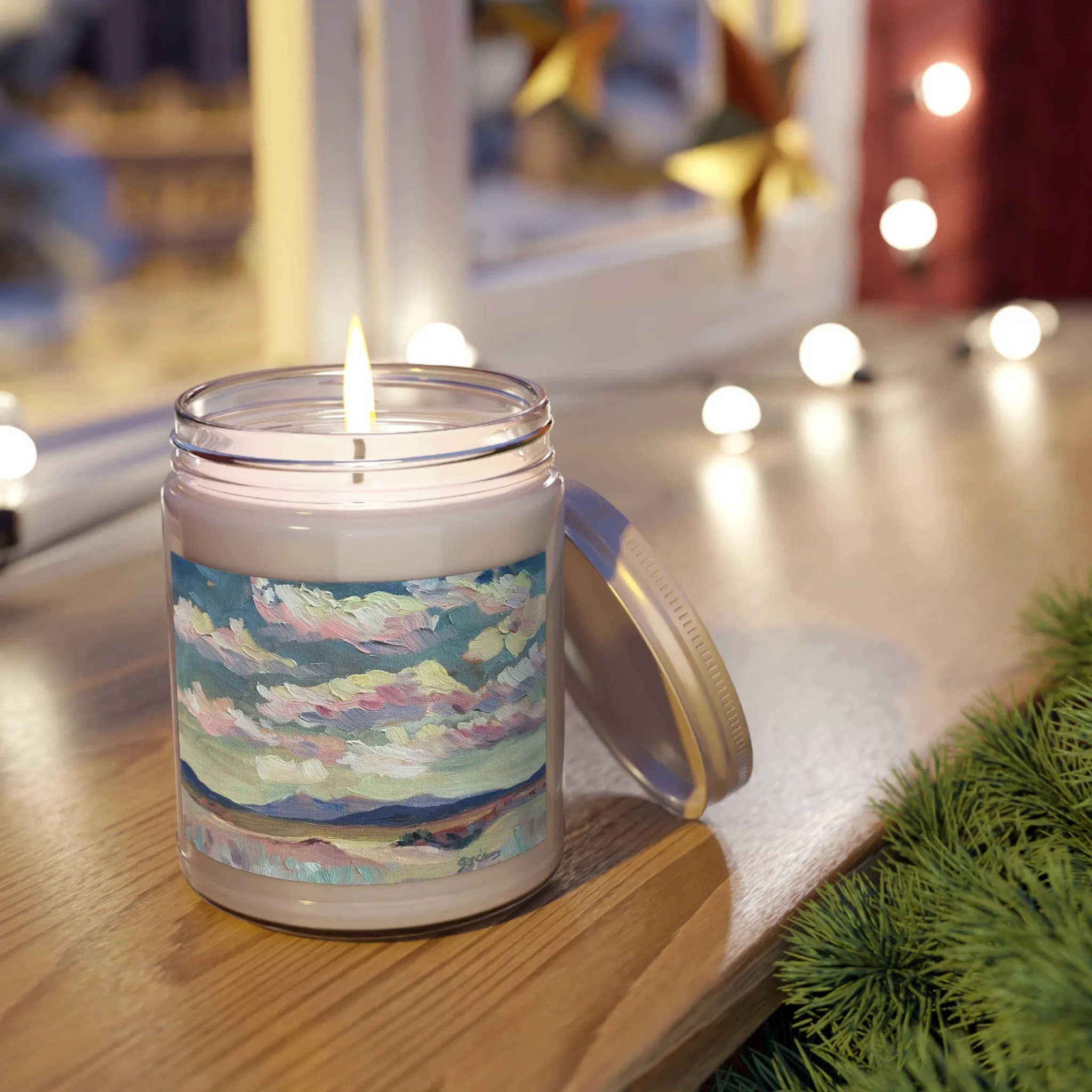 9oz Eco-Friendly Scented or Unscented Scented or Unscented Soy Wax Candle Jar with 'Rio Chama' Landscape Artwork by American Artist Barbara Cleary