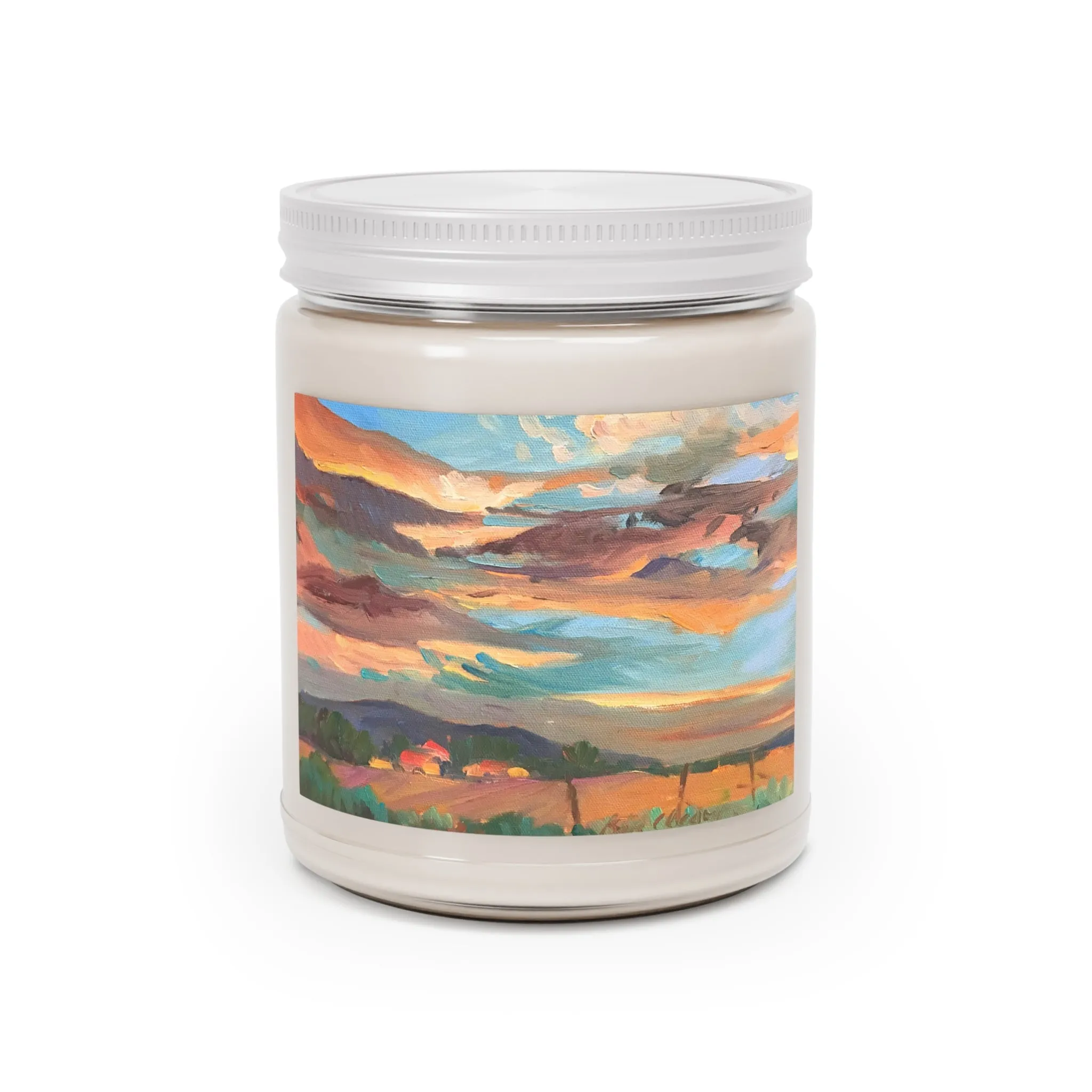 9oz Eco-Friendly Scented or Unscented Soy Wax Candle Jar  with 'Fall Sky' Artwork by American Artist Barbara Cleary (Fall Collection)