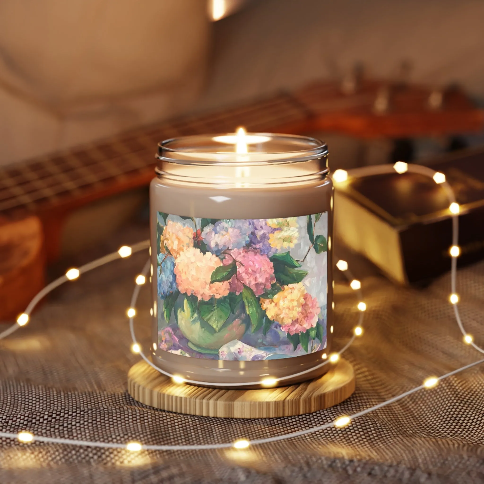 9oz Eco-Friendly Scented or Unscented Soy Wax Candle Jar  with 'Hydrangeas' Floral Artwork by American Artist Barbara Cleary