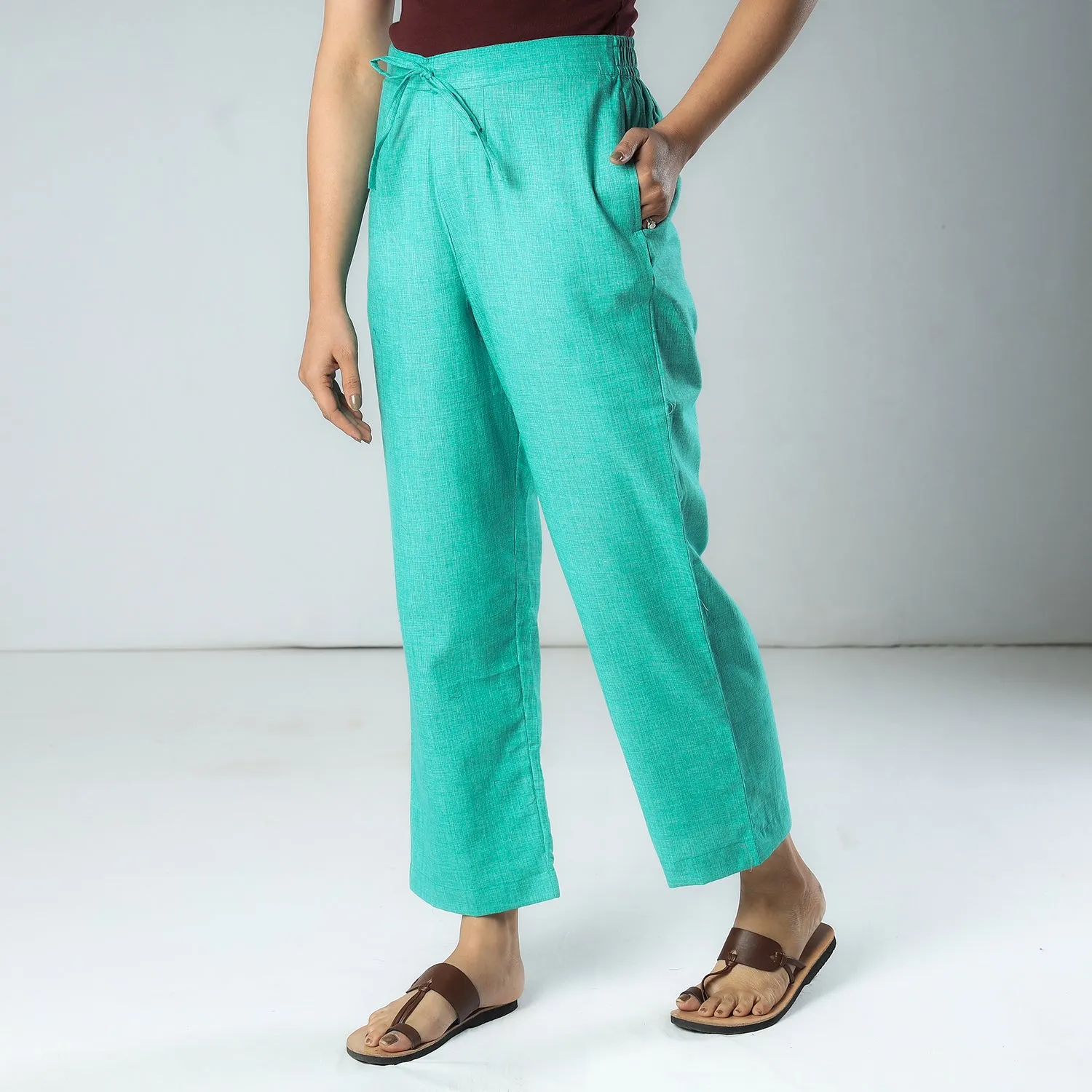 Aqua Green & White Texture Plain Dyed Cotton Relaxed Fit Pant