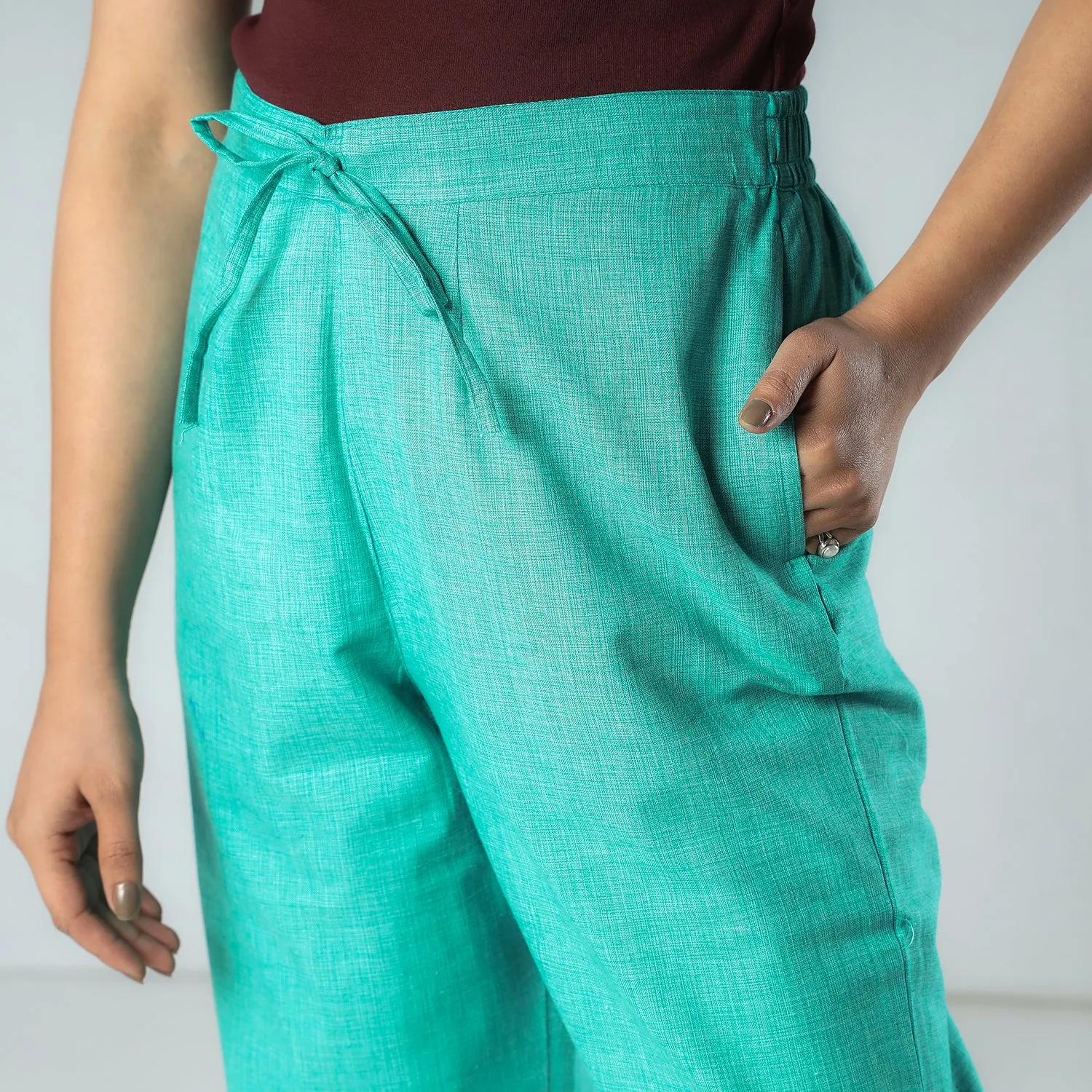 Aqua Green & White Texture Plain Dyed Cotton Relaxed Fit Pant