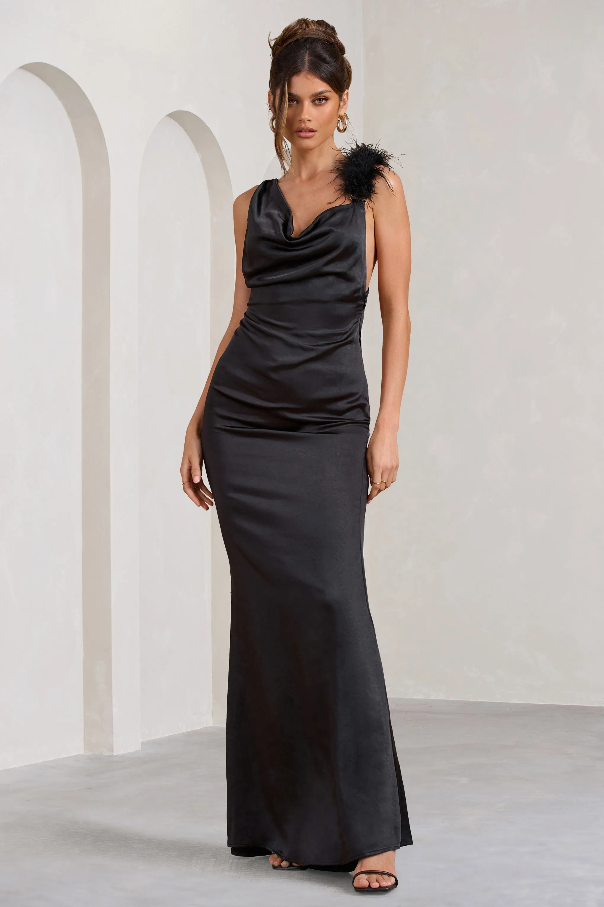 Cherish Me | Black Satin Asymmetric Cowl Maxi Dress With Feather Strap