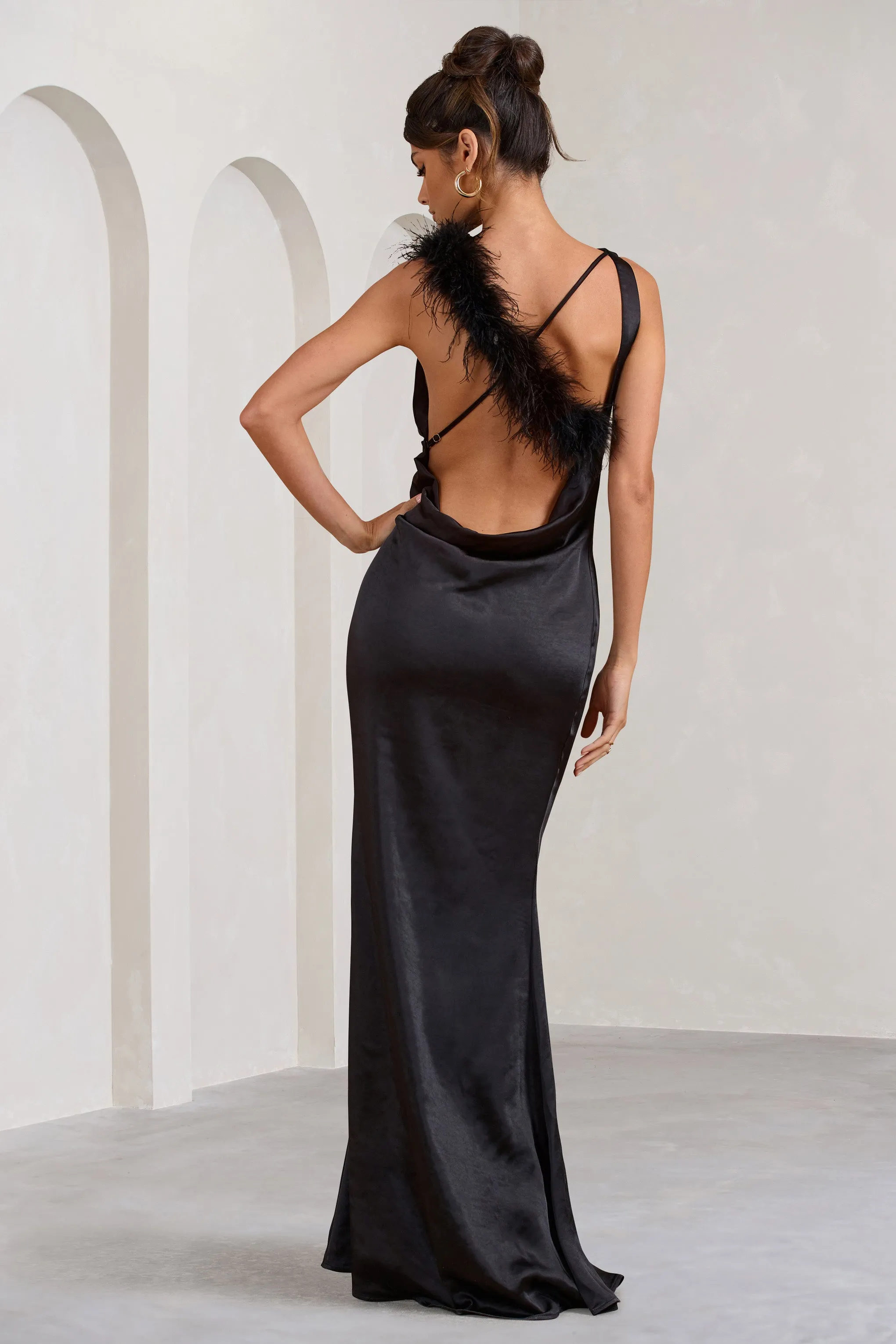 Cherish Me | Black Satin Asymmetric Cowl Maxi Dress With Feather Strap