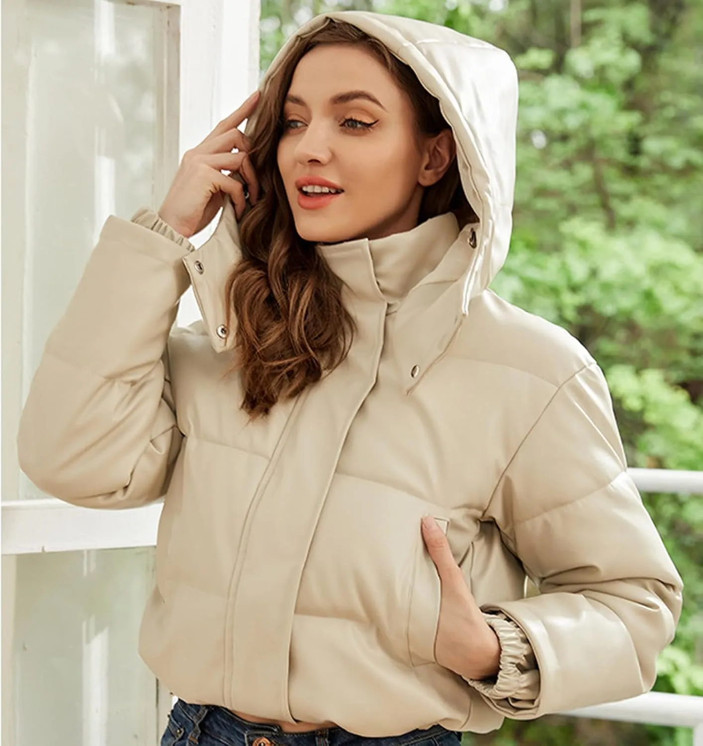 Faux Leather Puffer Jacket for Women Winter Zipper Bubble Coat Quilted Padded Cotton Snap Outerwear with Hood