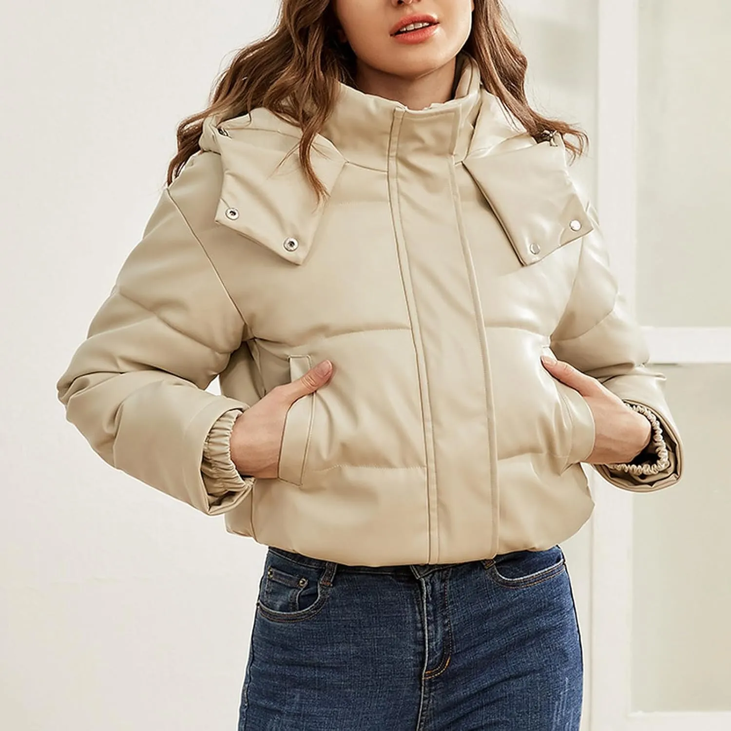Faux Leather Puffer Jacket for Women Winter Zipper Bubble Coat Quilted Padded Cotton Snap Outerwear with Hood
