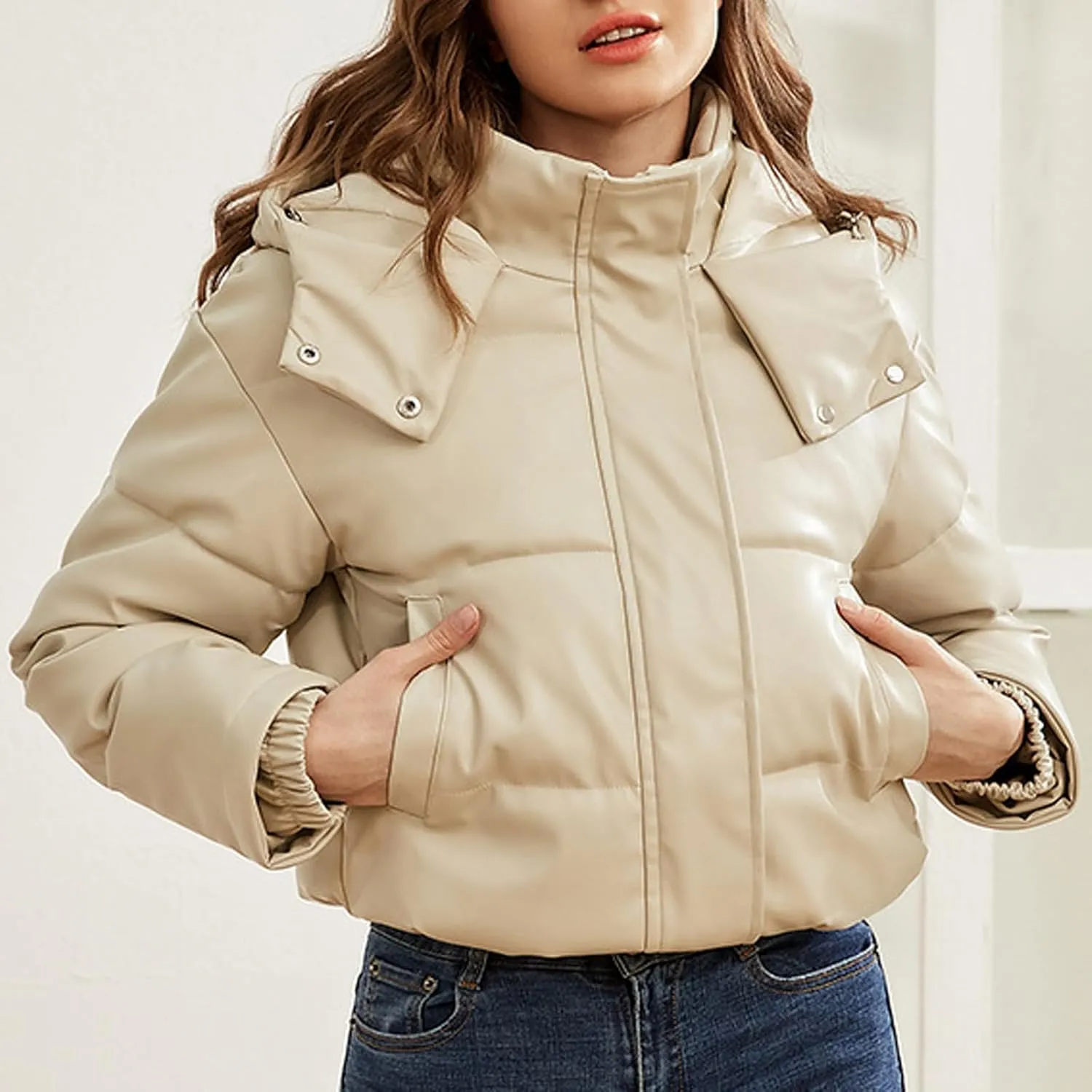 Faux Leather Puffer Jacket for Women Winter Zipper Bubble Coat Quilted Padded Cotton Snap Outerwear with Hood