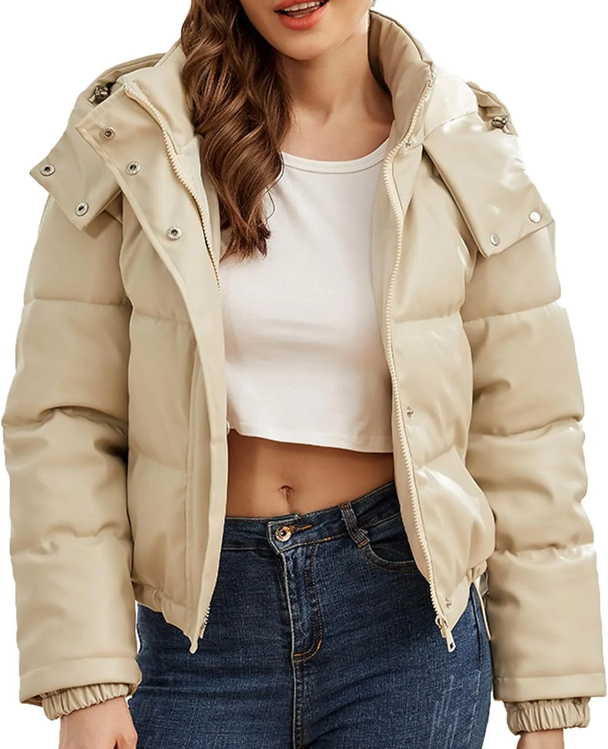 Faux Leather Puffer Jacket for Women Winter Zipper Bubble Coat Quilted Padded Cotton Snap Outerwear with Hood