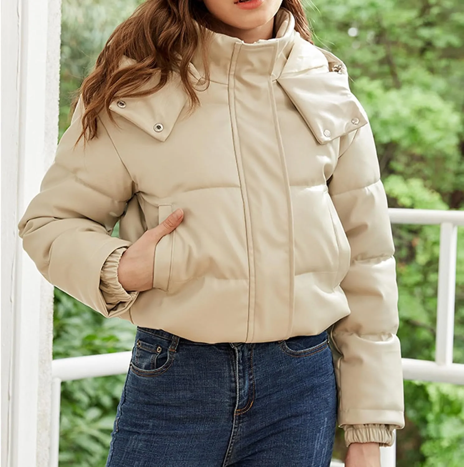 Faux Leather Puffer Jacket for Women Winter Zipper Bubble Coat Quilted Padded Cotton Snap Outerwear with Hood