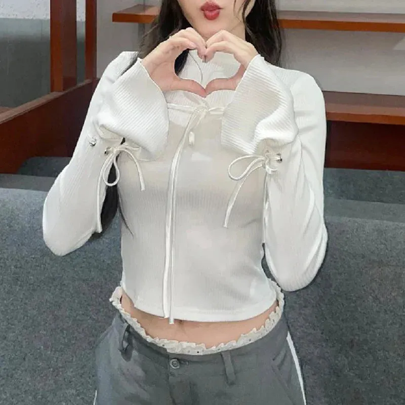 Flare Sleeve Lace-up Fashion Casual Solid Streetwear Sexy Autumn Crop White Top