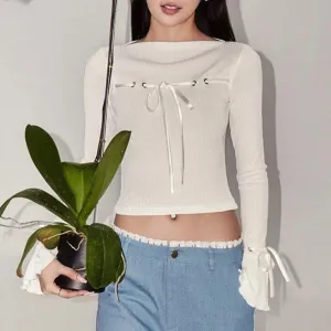 Flare Sleeve Lace-up Fashion Casual Solid Streetwear Sexy Autumn Crop White Top
