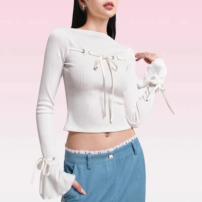 Flare Sleeve Lace-up Fashion Casual Solid Streetwear Sexy Autumn Crop White Top