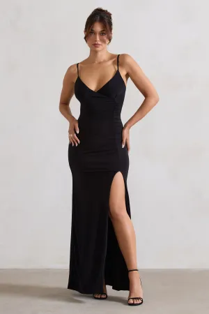 Jeanne | Black Plunge Ruched Cami Maxi Dress With Split