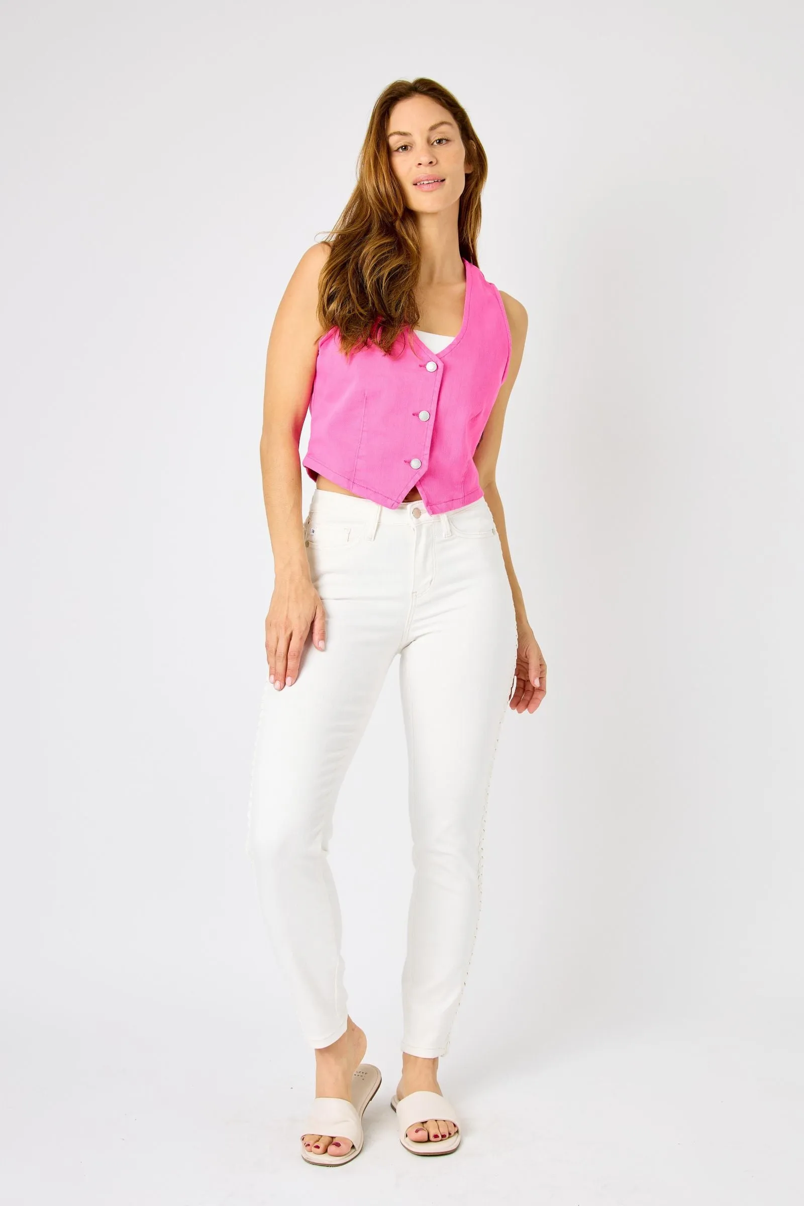 Judy Blue Mid Rise Braided Detail White Relaxed Fit Denim 88782
