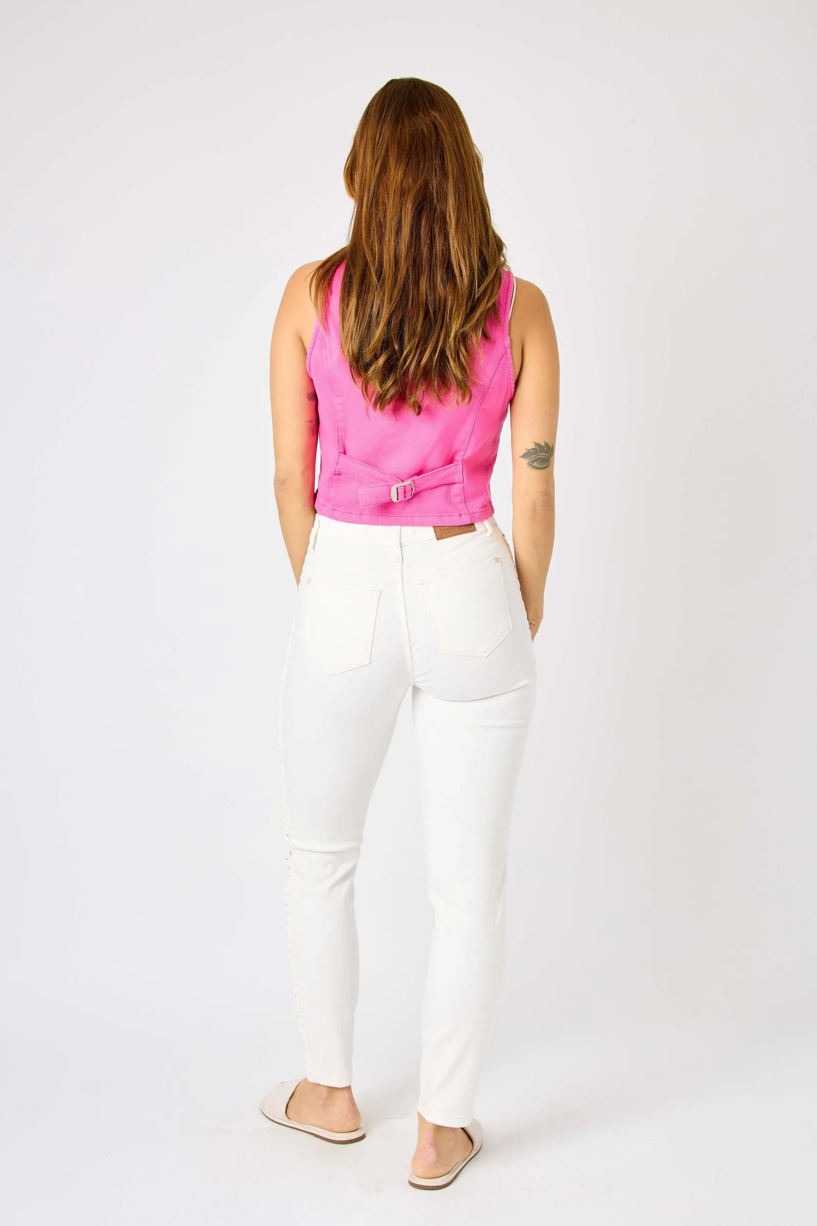 Judy Blue Mid Rise Braided Detail White Relaxed Fit Denim 88782