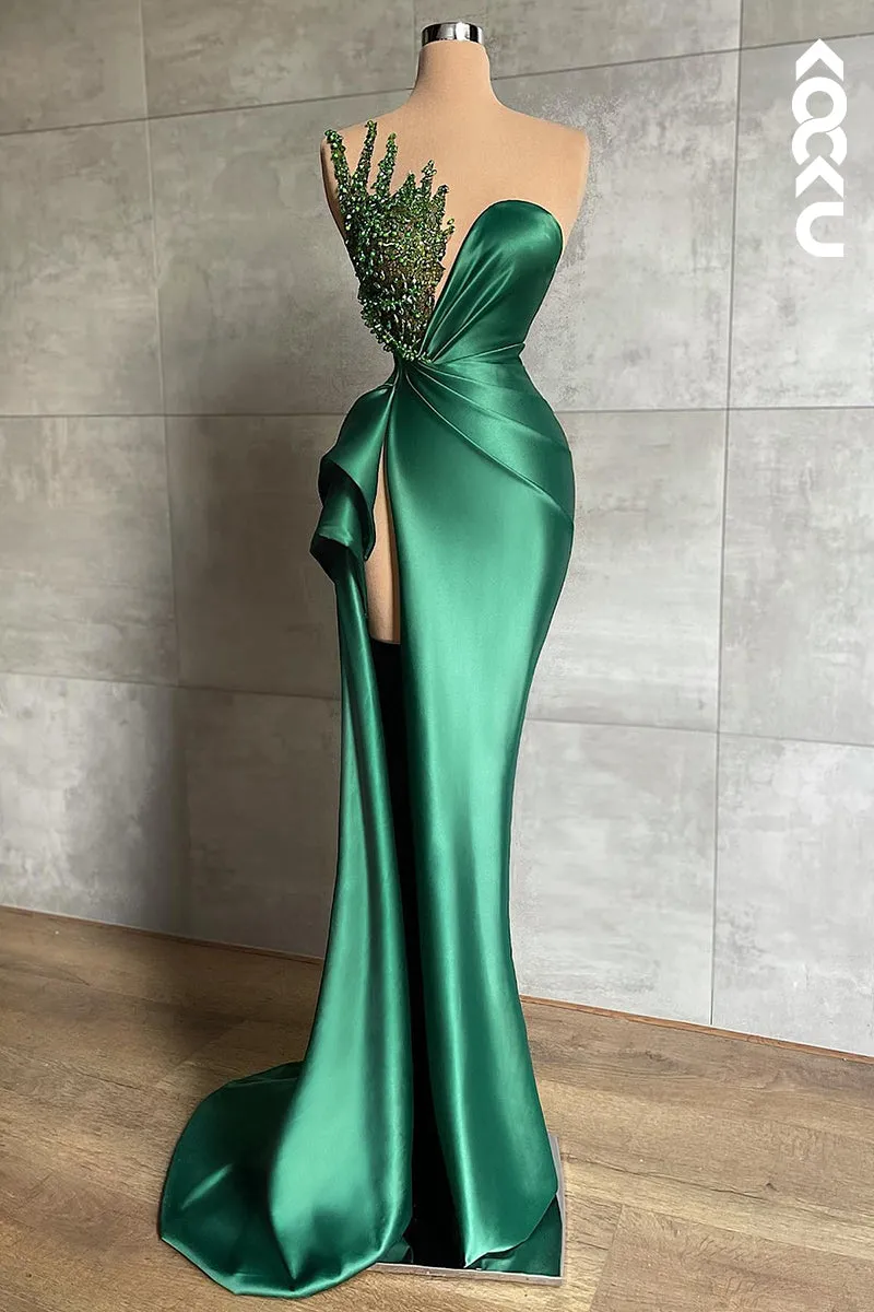 L1143 - Sheath/Column Lllusion Neckline Satin Pleats Sleeveless Prom Dress