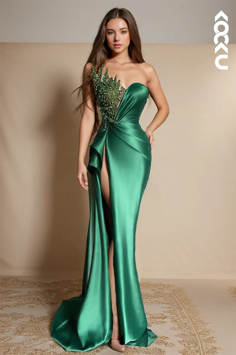 L1143 - Sheath/Column Lllusion Neckline Satin Pleats Sleeveless Prom Dress