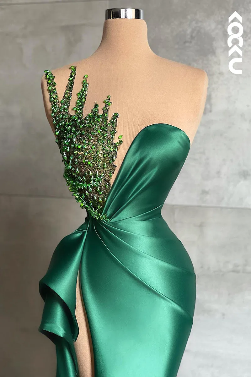 L1143 - Sheath/Column Lllusion Neckline Satin Pleats Sleeveless Prom Dress