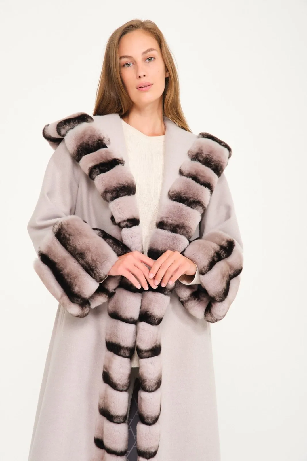 Light Grey Hooded Wool Rex Fur Abaya