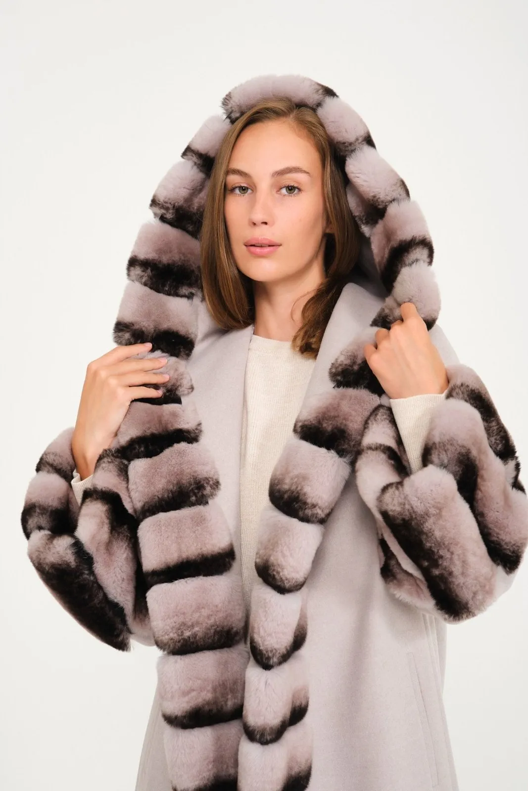 Light Grey Hooded Wool Rex Fur Abaya