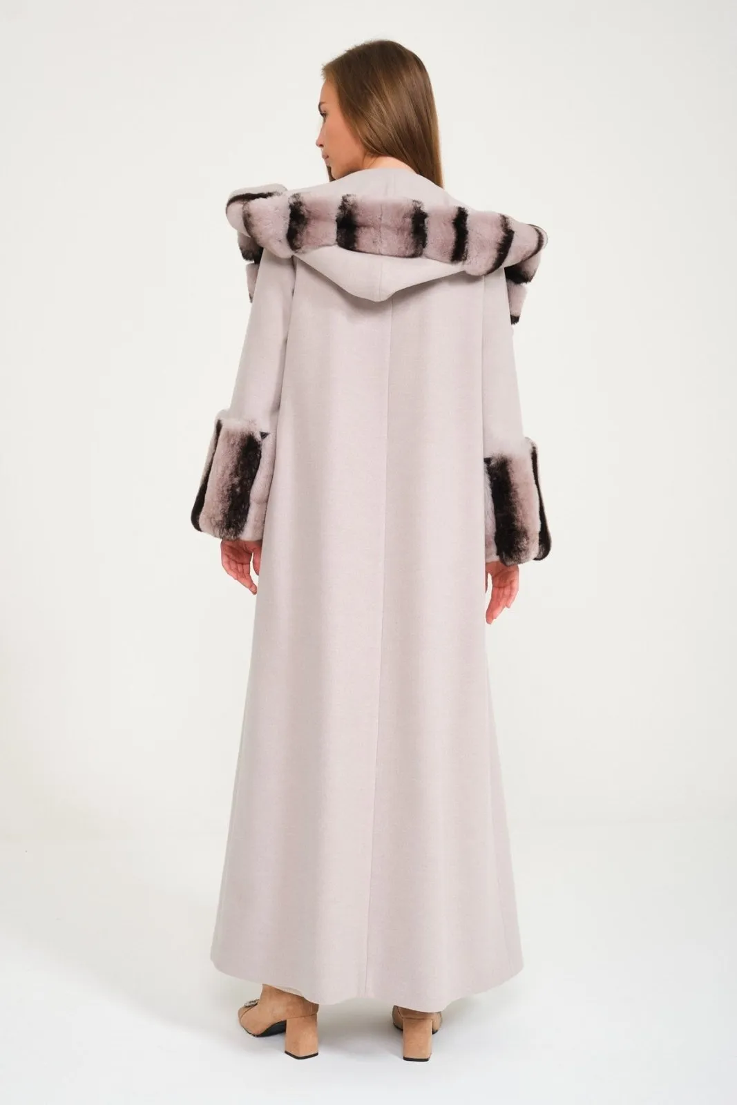 Light Grey Hooded Wool Rex Fur Abaya