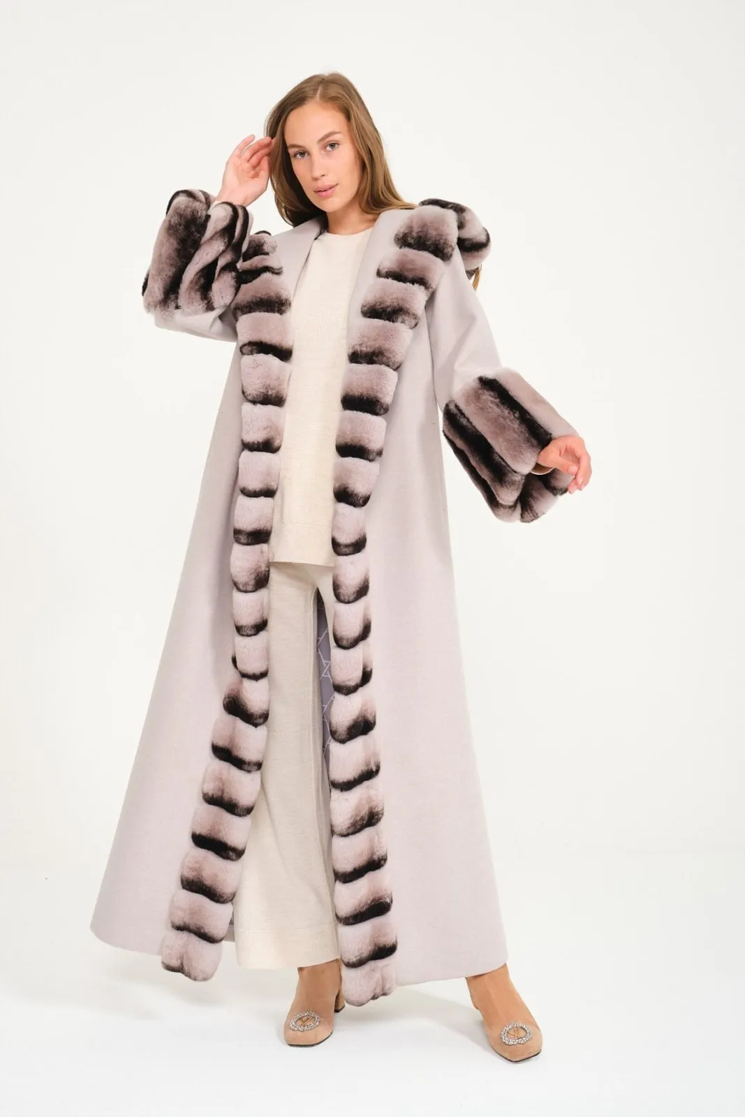 Light Grey Hooded Wool Rex Fur Abaya