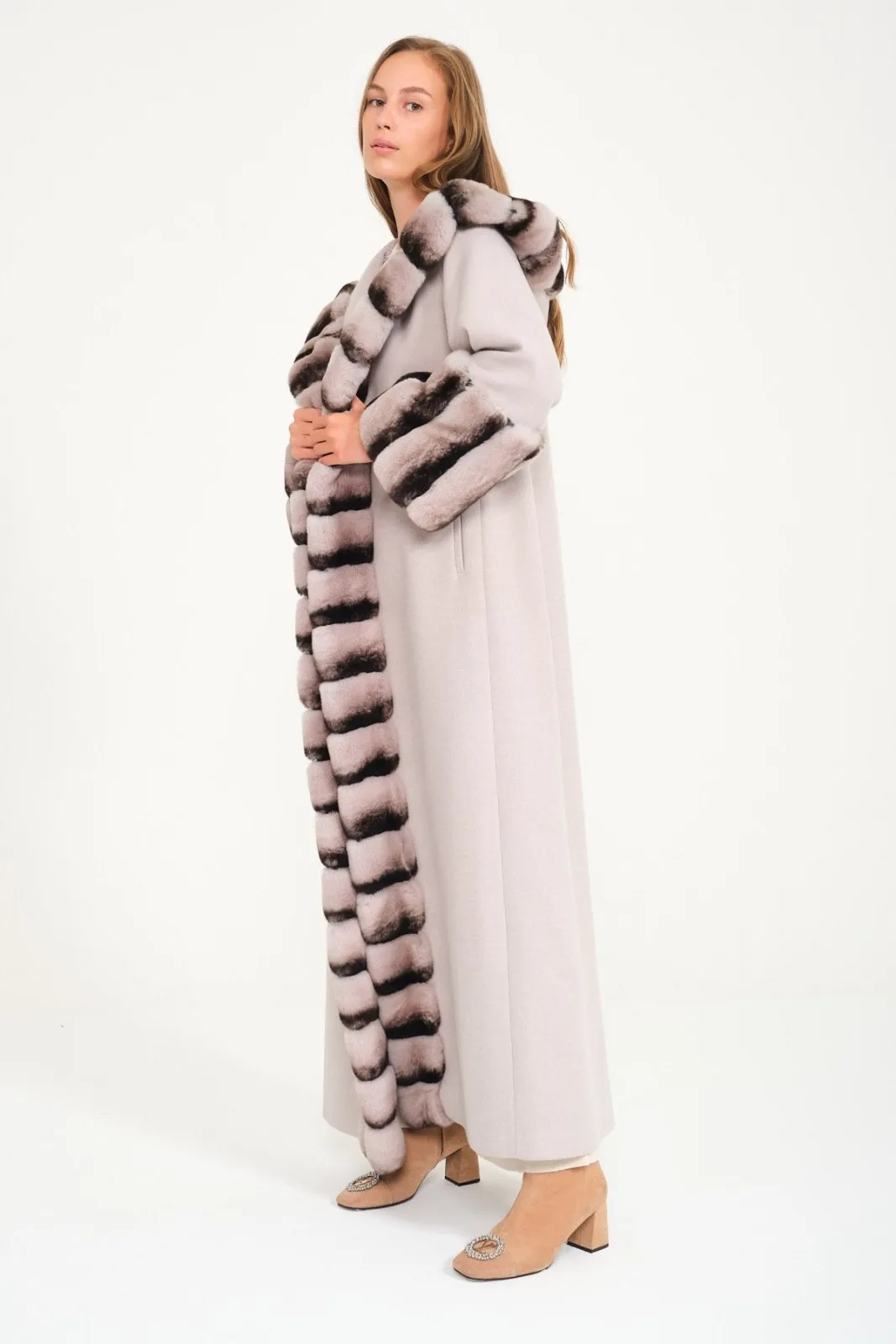 Light Grey Hooded Wool Rex Fur Abaya