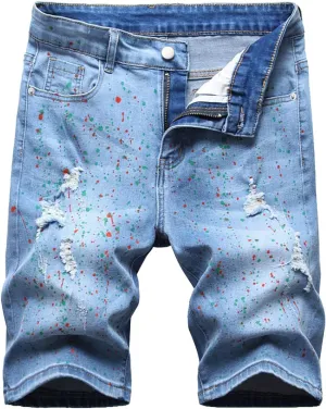 Men's Casual Denim Shorts Classic Fit Ripped Jeans Biker Shorts Stylish Patchwork Jean Shorts Slim Fit Straight Jeans