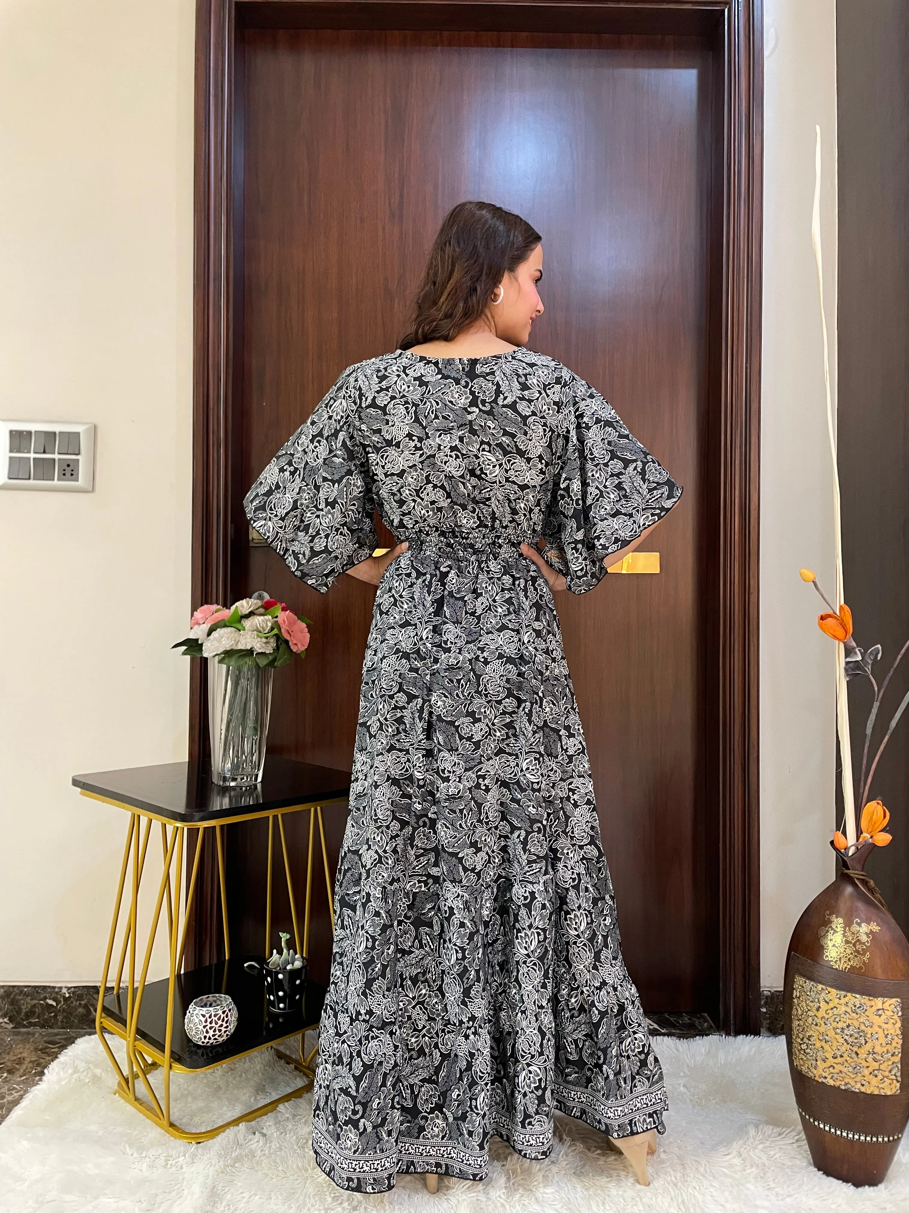 Monochrome Elegance Boho Printed Maxi Dress