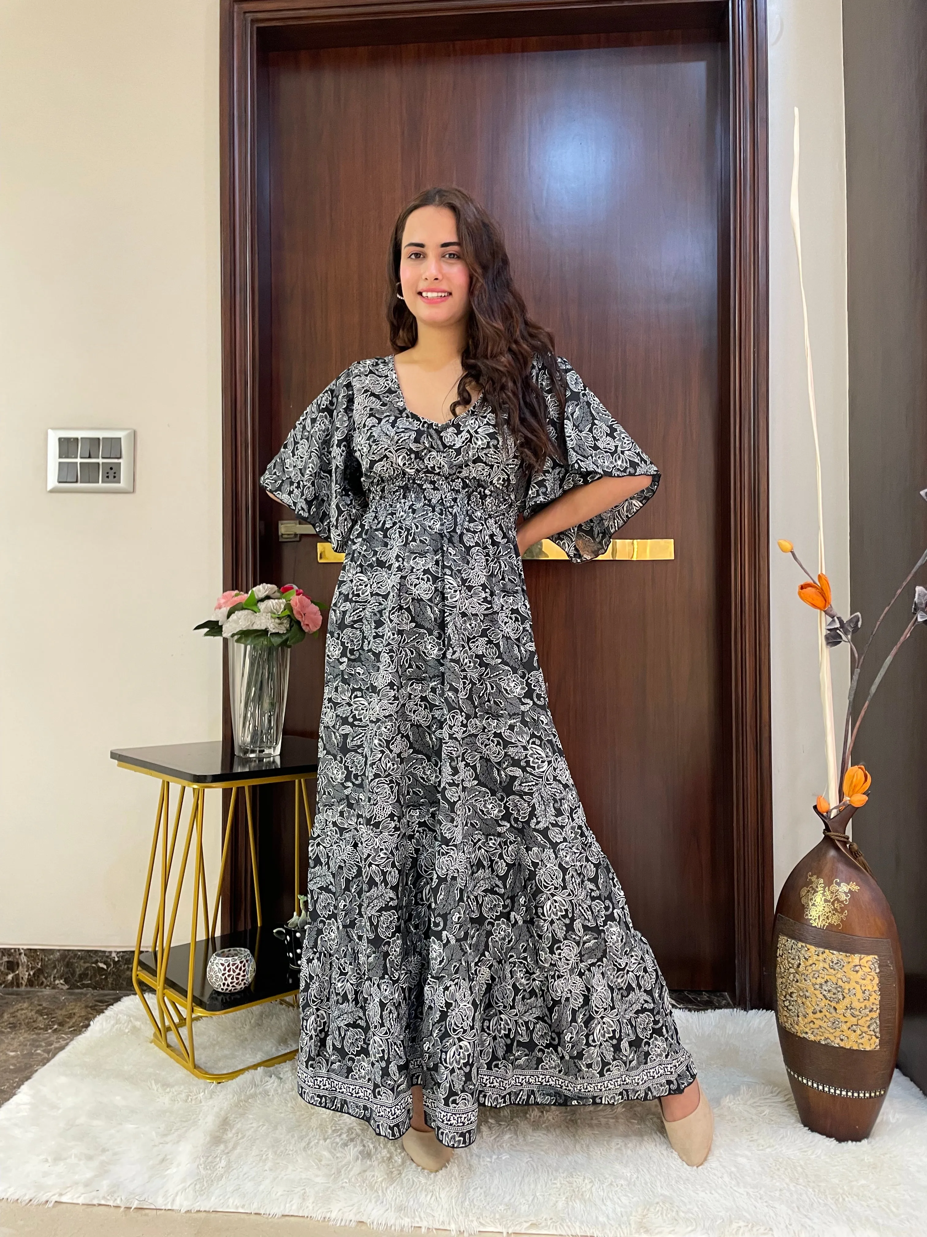 Monochrome Elegance Boho Printed Maxi Dress