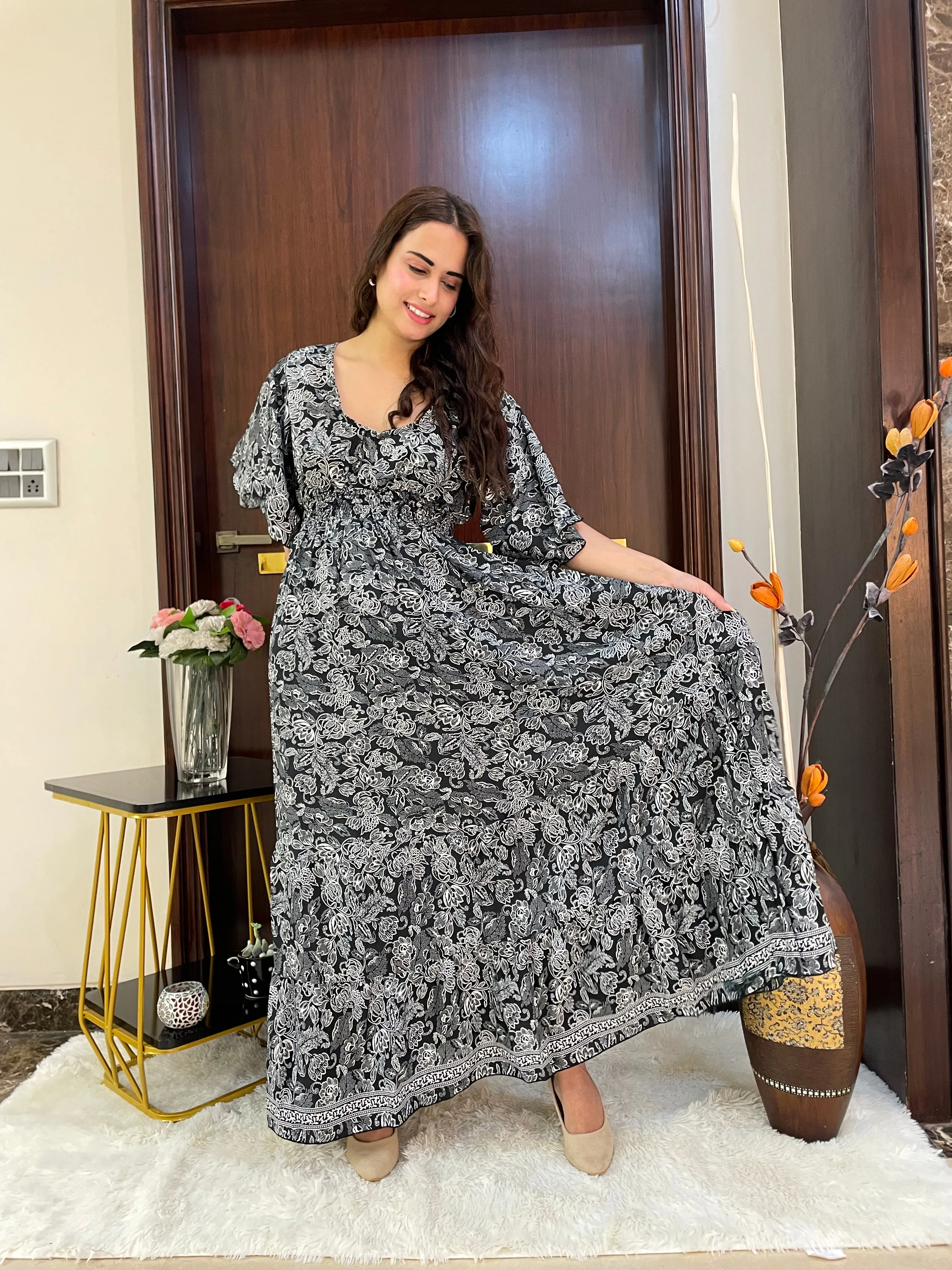 Monochrome Elegance Boho Printed Maxi Dress