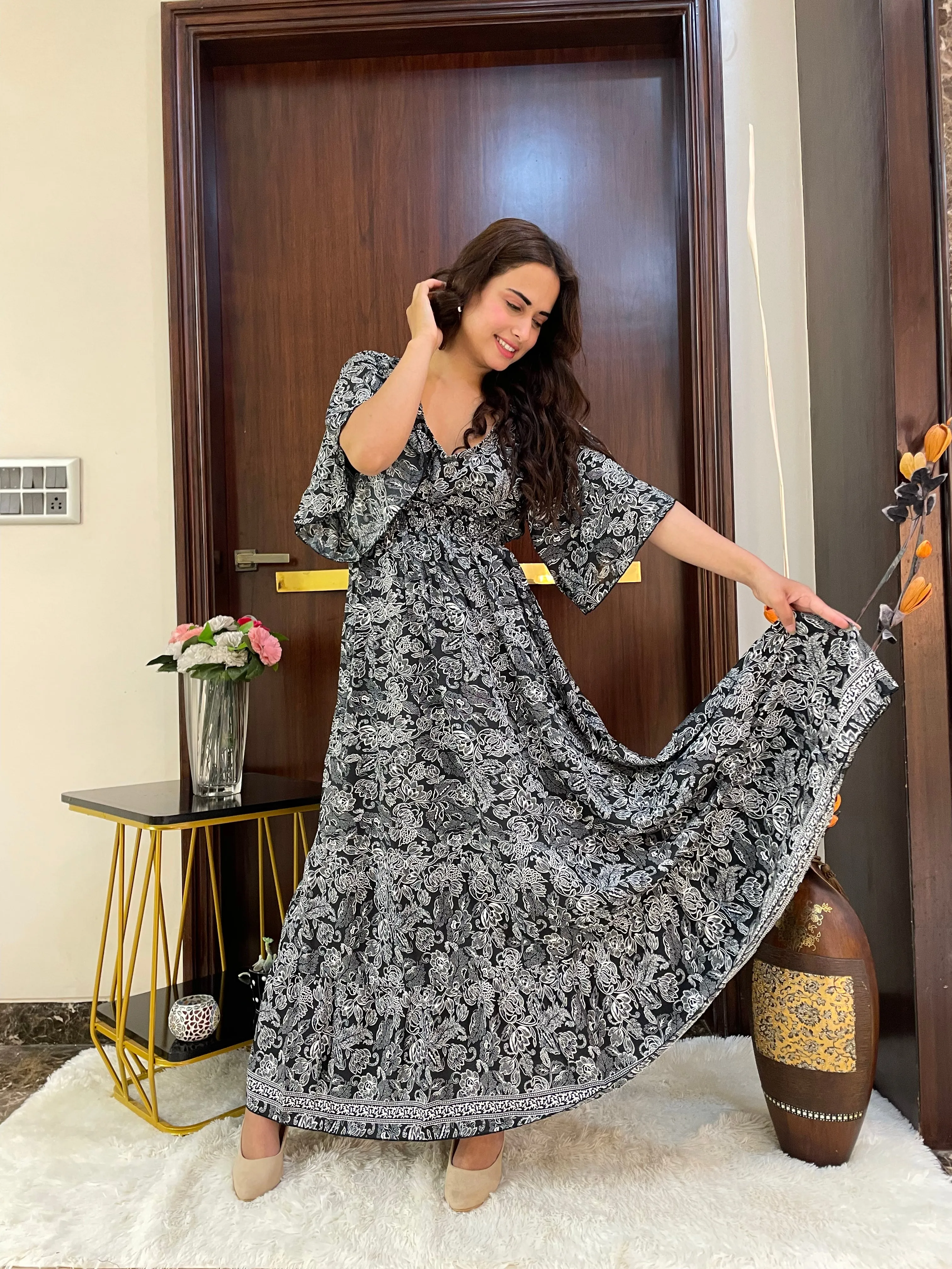 Monochrome Elegance Boho Printed Maxi Dress