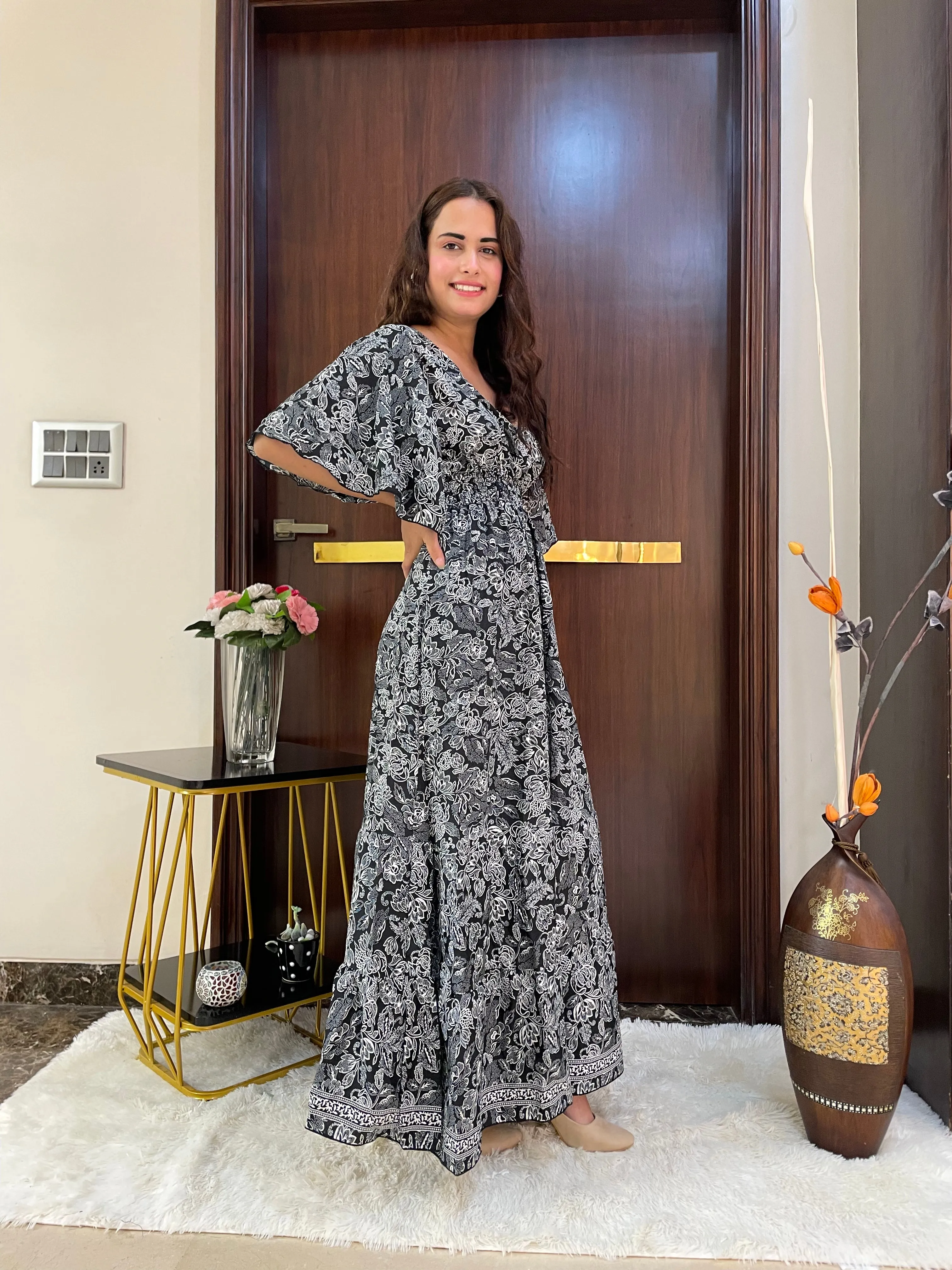Monochrome Elegance Boho Printed Maxi Dress