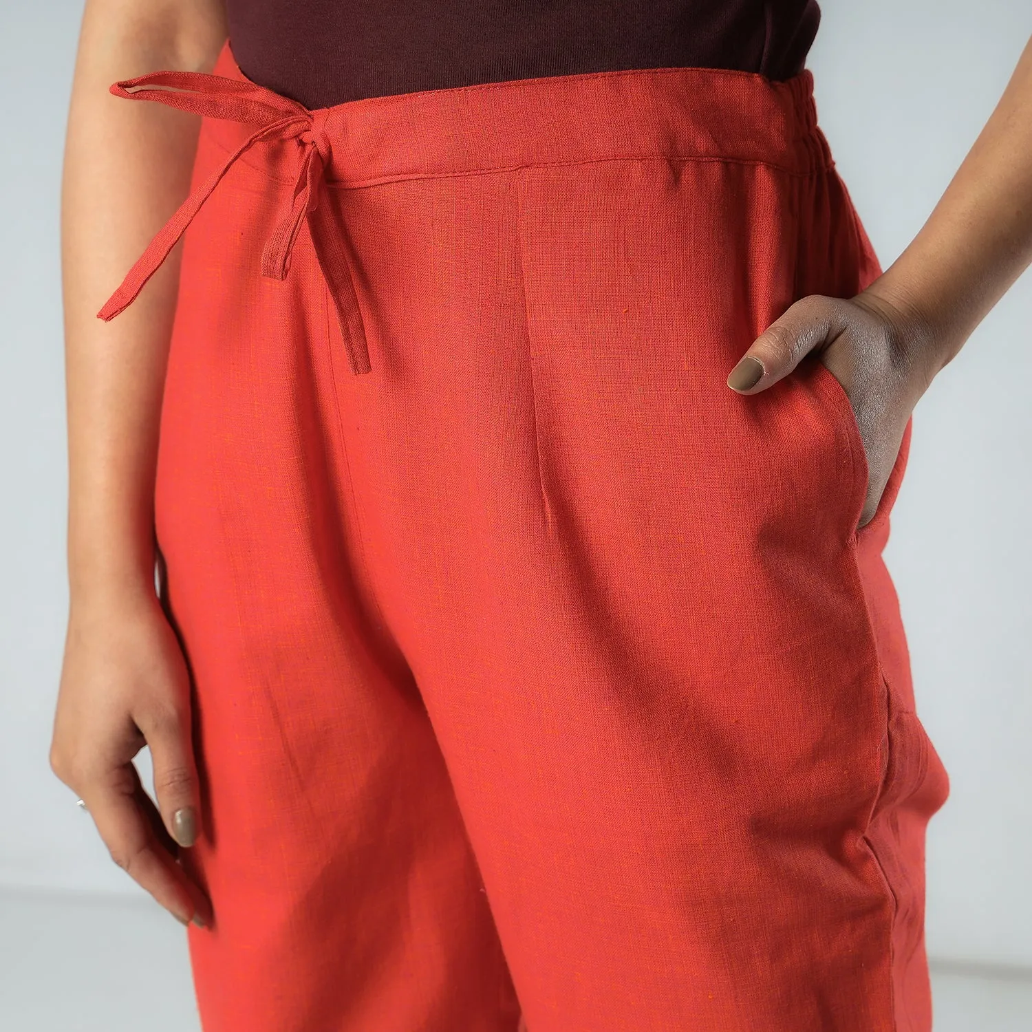 Orange & Red - Texture Plain Dyed Cotton Relaxed Fit Pant