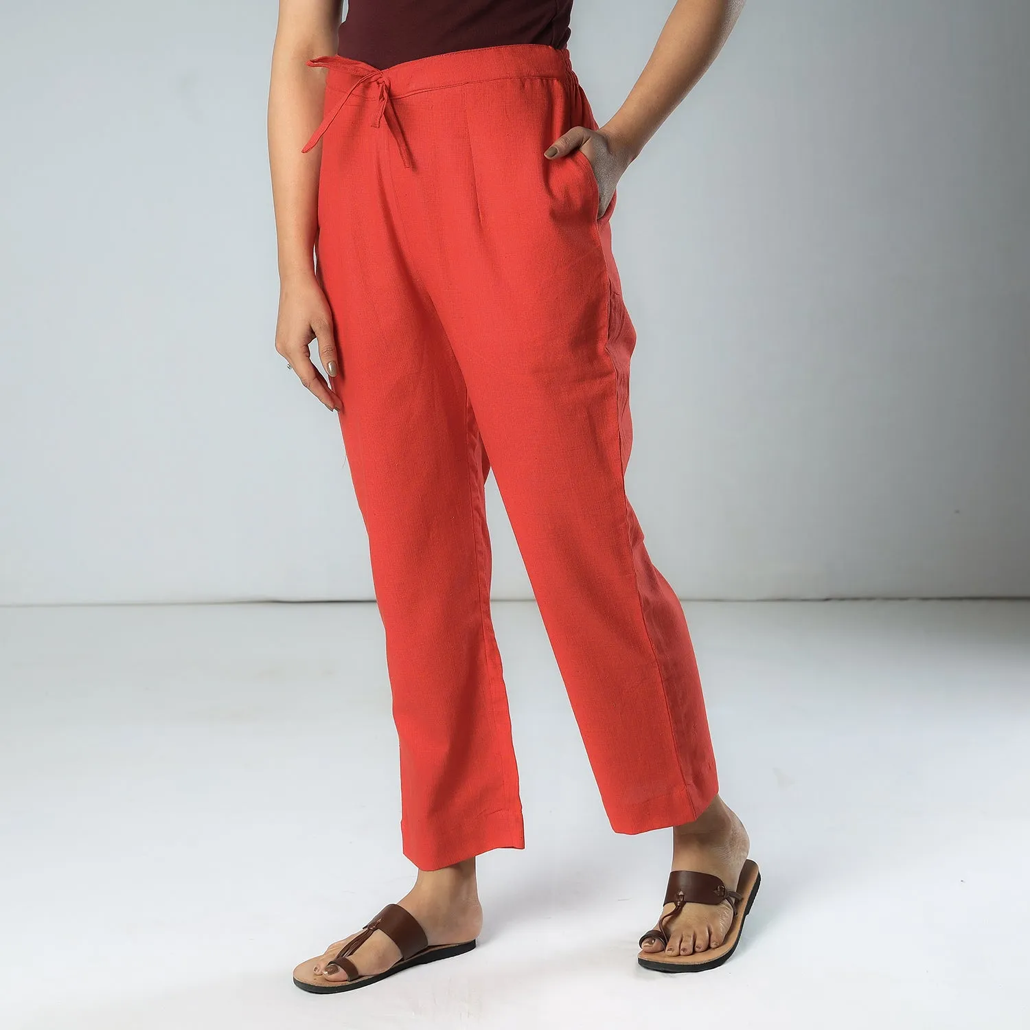 Orange & Red - Texture Plain Dyed Cotton Relaxed Fit Pant
