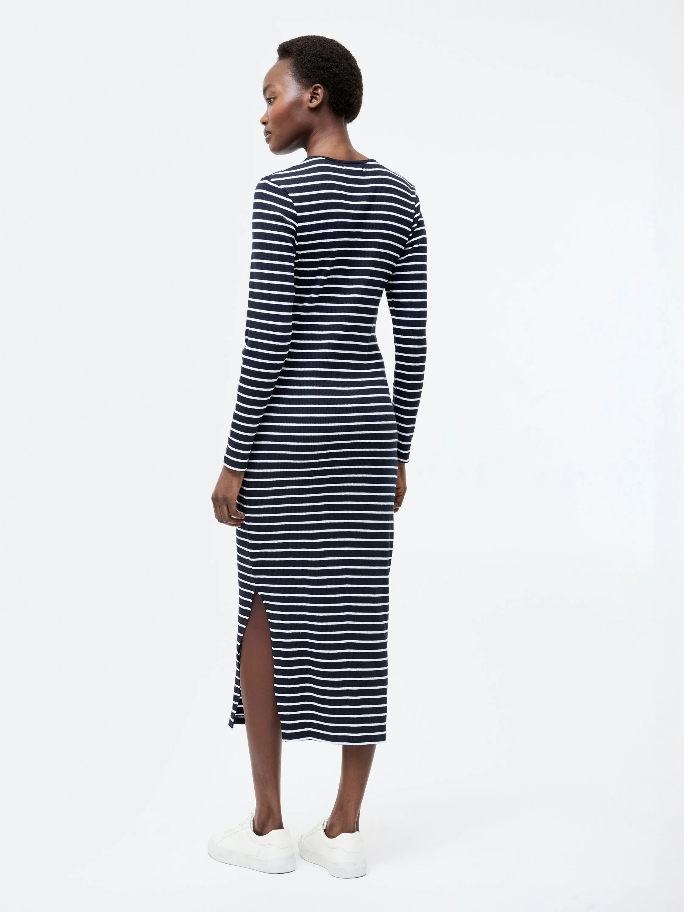 Ribbed Stripe Long Sleeve Midi Dress