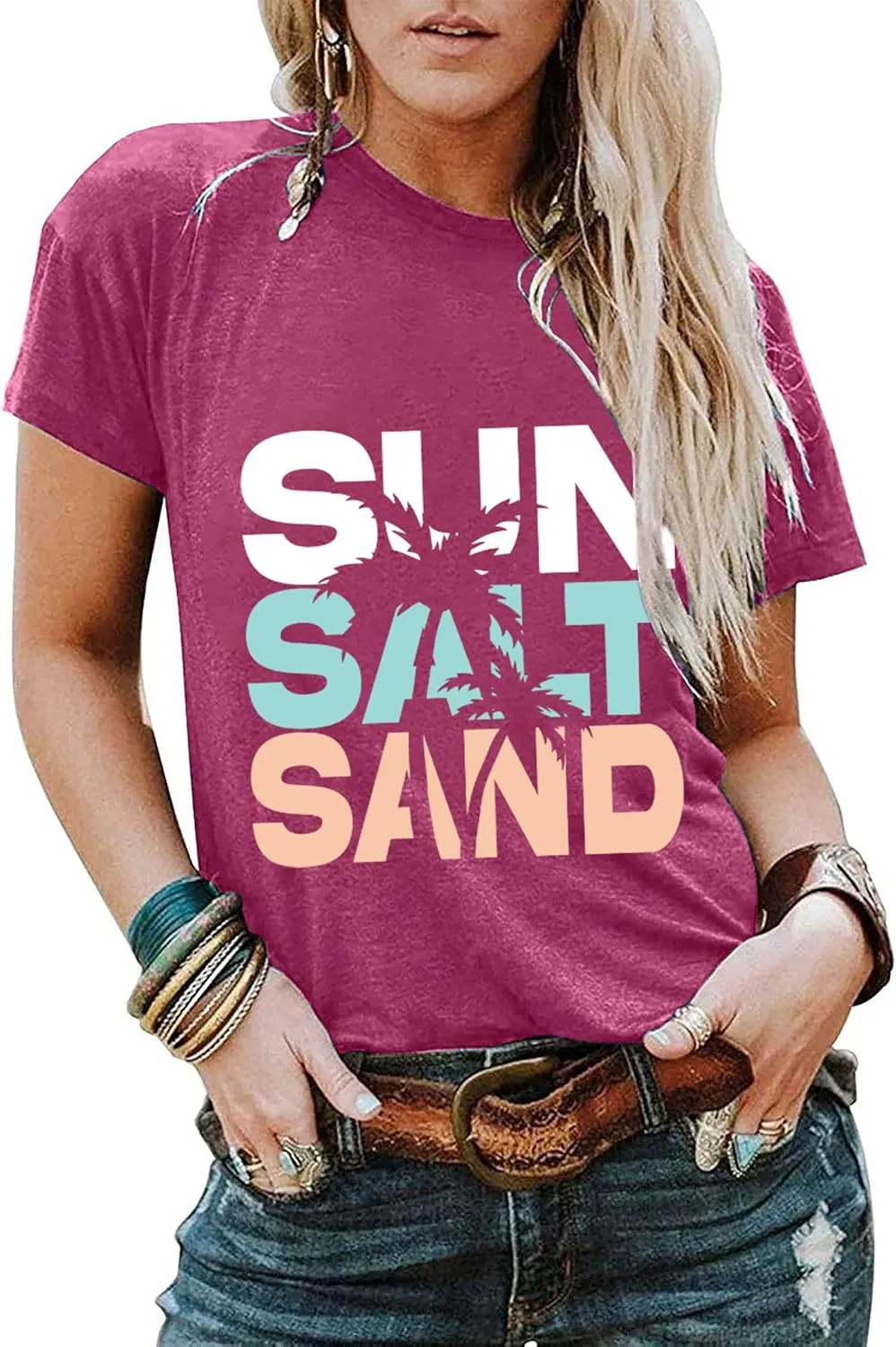 Sun Salt Sand Beach Tshirt for Women Summer Coconut Tree Graphic Casual Short Sleeve Loose Fit Tee Blouses