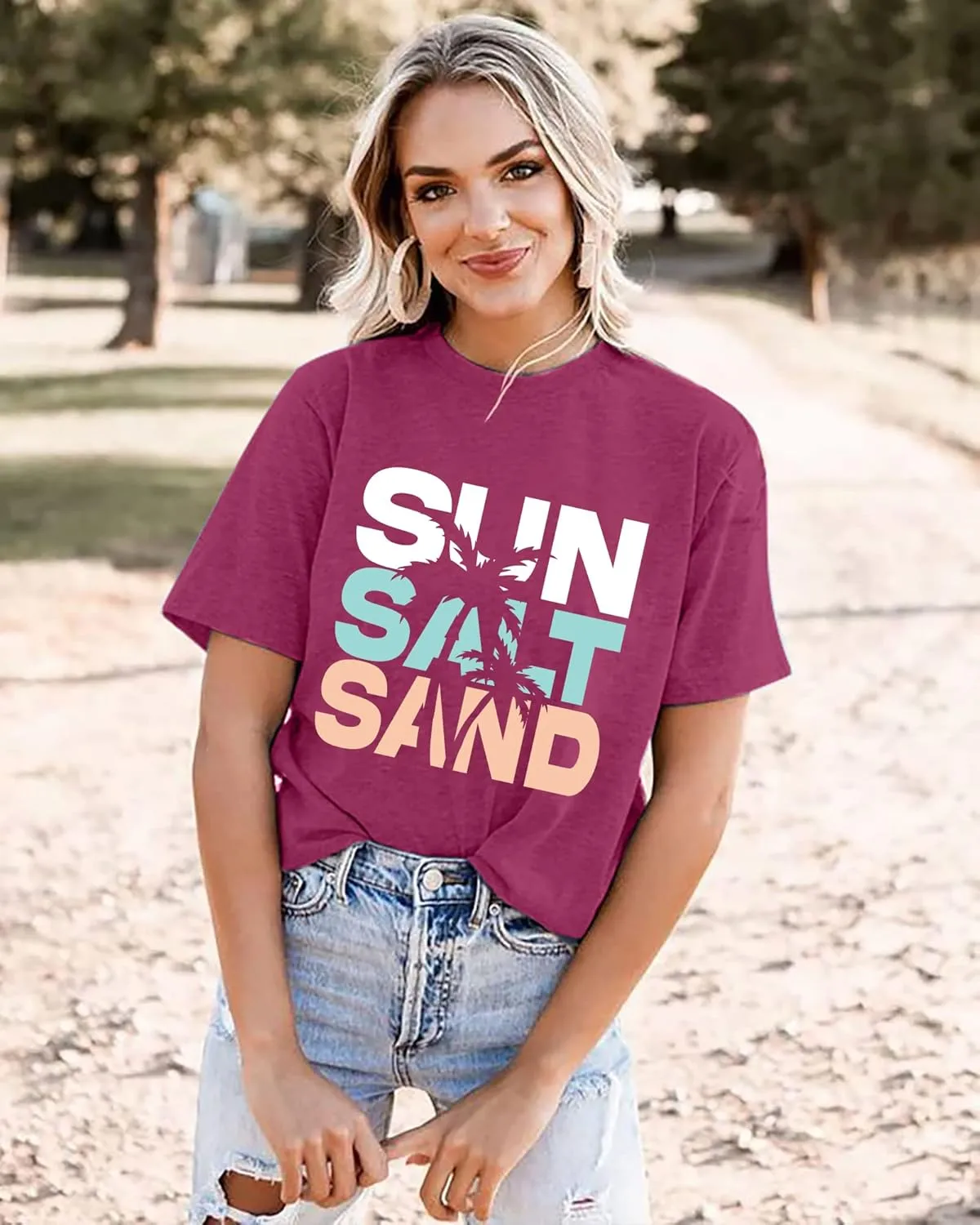 Sun Salt Sand Beach Tshirt for Women Summer Coconut Tree Graphic Casual Short Sleeve Loose Fit Tee Blouses