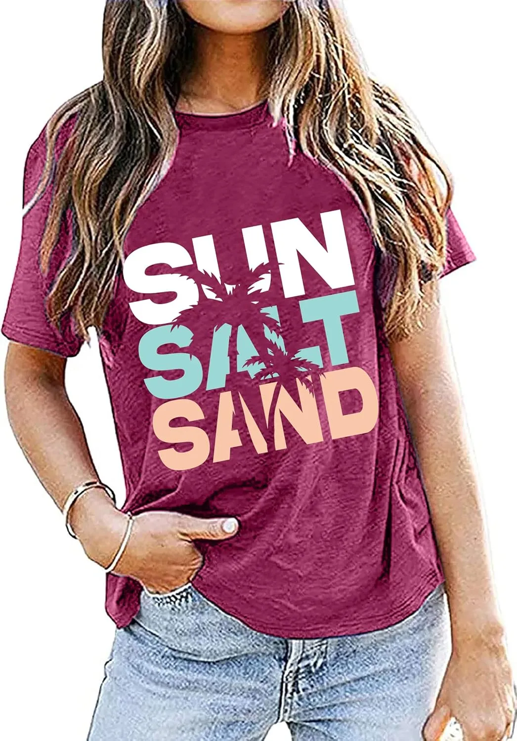 Sun Salt Sand Beach Tshirt for Women Summer Coconut Tree Graphic Casual Short Sleeve Loose Fit Tee Blouses