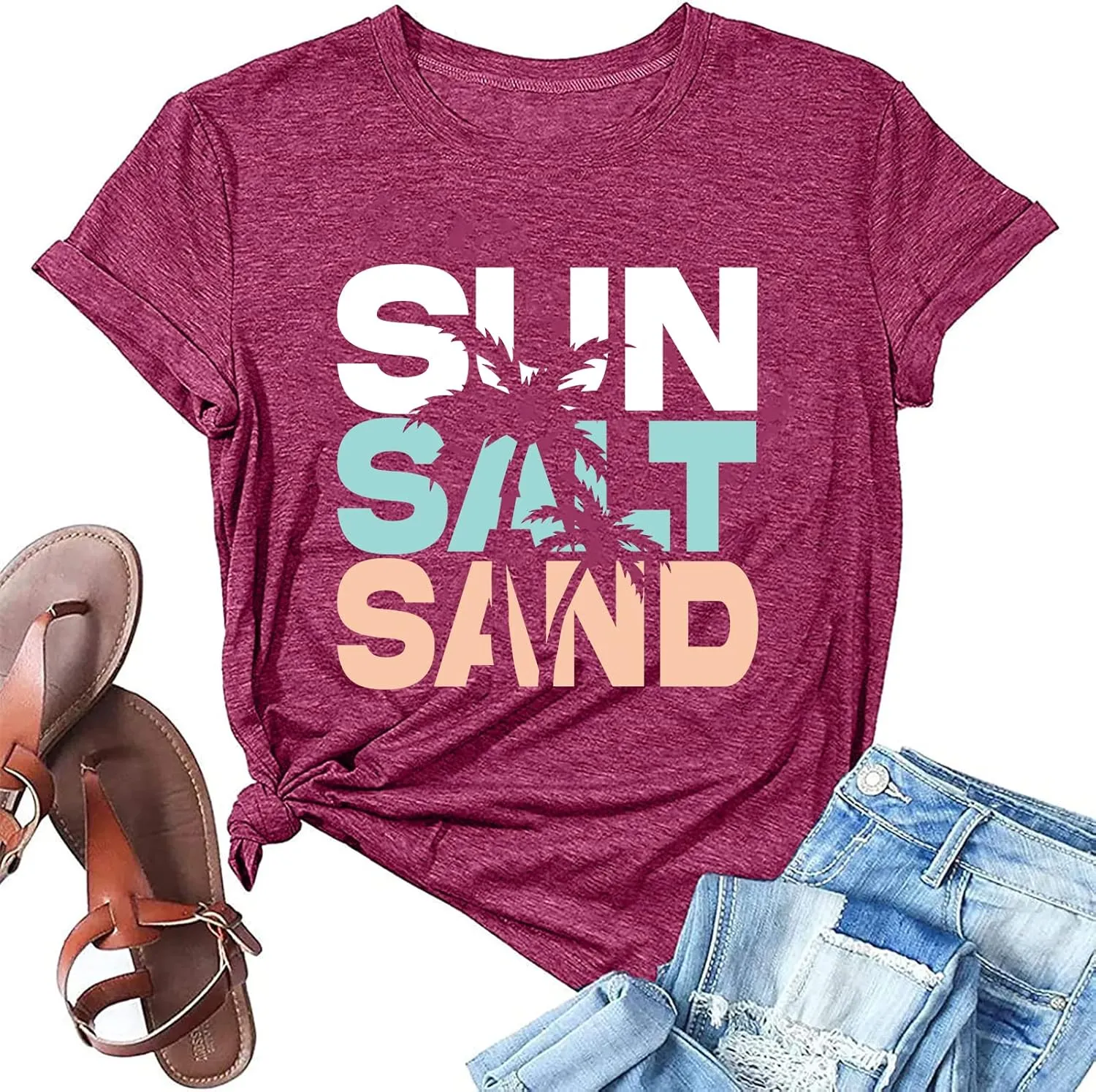 Sun Salt Sand Beach Tshirt for Women Summer Coconut Tree Graphic Casual Short Sleeve Loose Fit Tee Blouses