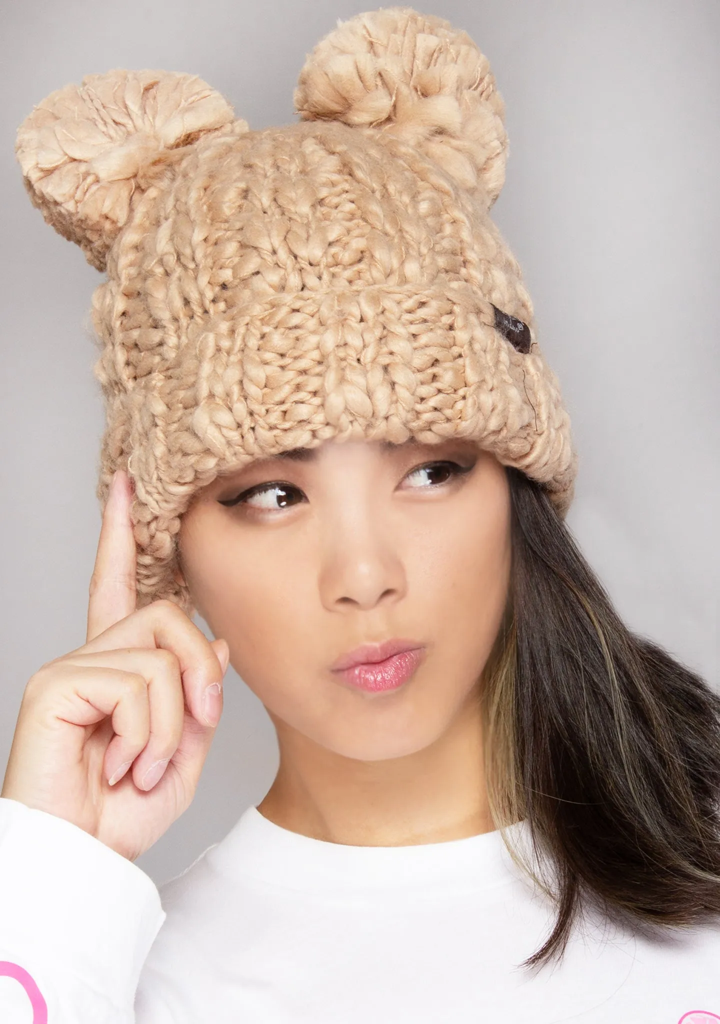 Teddy Bear Knit Beanie in Camel