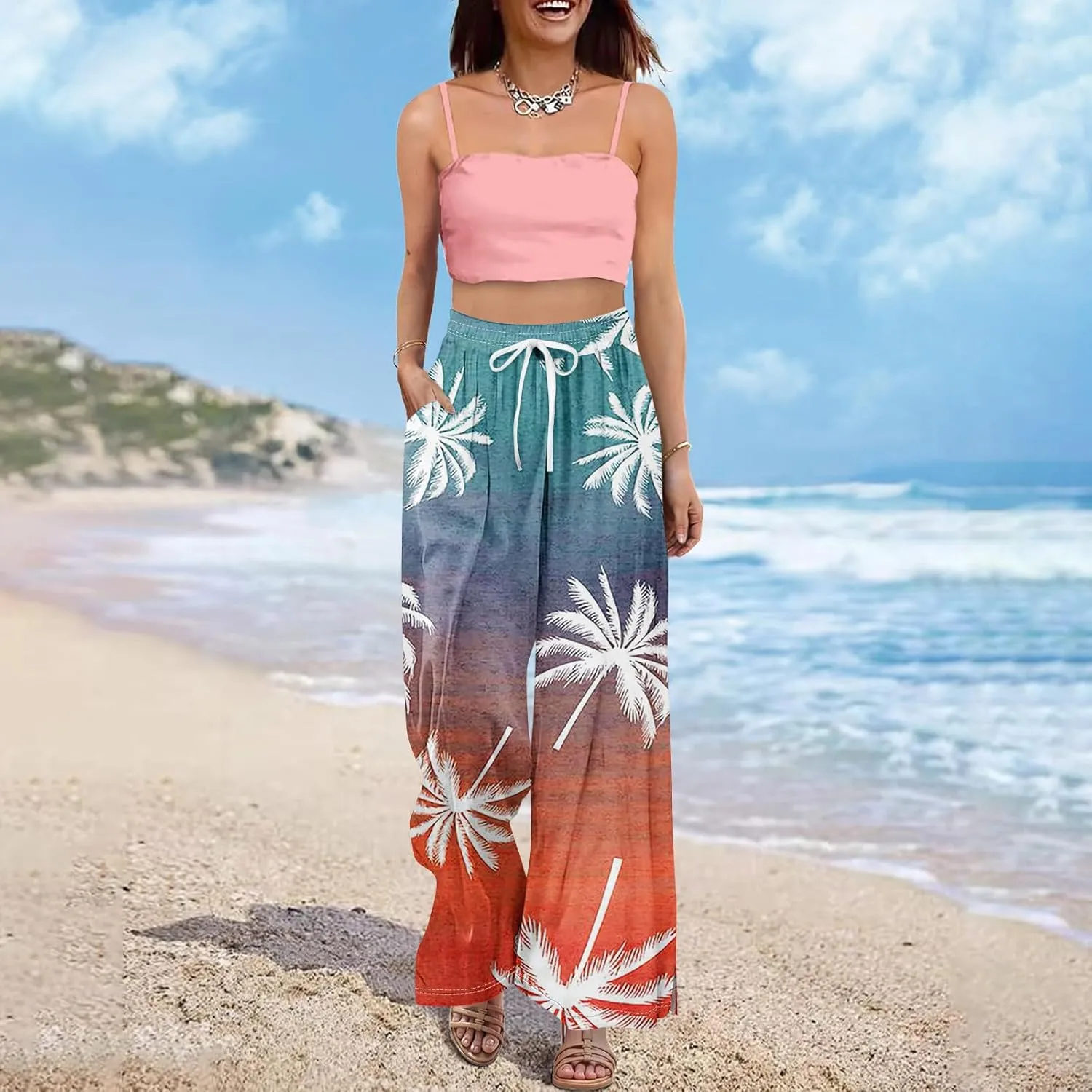 Travel Pants Women 2025 Palazzo Dressy Baggy Floral Relaxed Fit Trendy Bohemian Style Bottoms