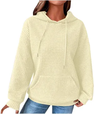 Womens Hoodies Fashion Solid Color Tops Long Sleeve Casual Loose Fitted Sweatshirt Pocket Drawstring Pullover