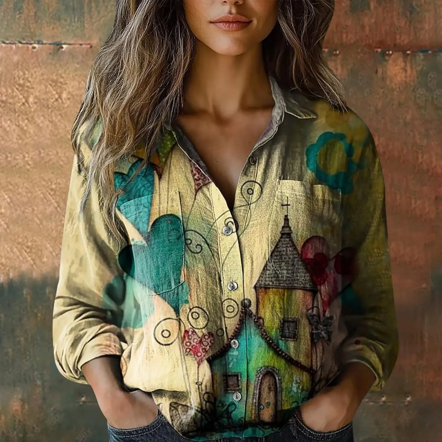 Womens Linen Button Down Shirts Retro Floral Printed V Neck Long Sleeve Blouse Collared Boho Casual Tops with Pocket