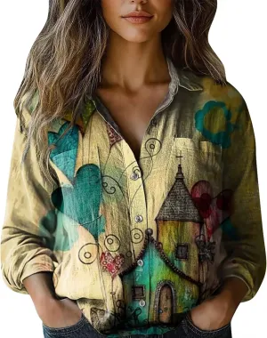 Womens Linen Button Down Shirts Retro Floral Printed V Neck Long Sleeve Blouse Collared Boho Casual Tops with Pocket